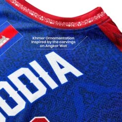 Cambodia Heritage Custom Basketball Jersey -World of Sportswear CambodiaBlueCustomBasketballJerseyCloseupDetail1
