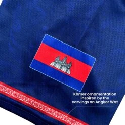 Cambodia 'Angkor Wat' Baseball Jersey 38 Cambodia 'Angkor Wat' Baseball Jersey -World of Sportswear Cambodia Angkor Wat Baseball Jersey Blue Closeup Sleeves Flag