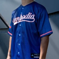 Cambodia 'Angkor Wat' Baseball Jersey 33 Cambodia 'Angkor Wat' Baseball Jersey -World of Sportswear Cambodia Angkor Wat Blue Baseball Jersey Custom Model Closeup Front