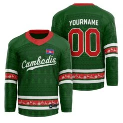 Cambodia Christmas Custom Hockey Jersey -World of Sportswear Cambodia Green Christmas Custom Hockey Jersey Personalized Family Outfit Holidays
