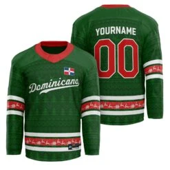 Dominican Republic Christmas Custom Hockey Jersey -World of Sportswear Dominican Republic Green Christmas Custom Hockey Jersey Personalized Family Outfit Holidays