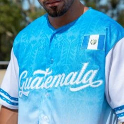 Guatemala Heritage Custom Baseball Jersey 15 Guatemala Heritage Custom Baseball Jersey -World of Sportswear Guatemala Custom Baseball Jersey Closeup