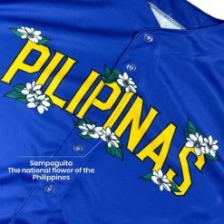 Philippines 'Sampaguita' Baseball Jersey -World of Sportswear Philippines Sampaguita Baseball Blue Jersey Closeup Customized