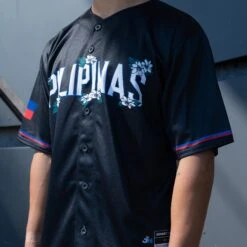 Philippines 'Sampaguita' Baseball Jersey -World of Sportswear Philippines Sampaguita Black Baseball Jersey Model Styling Front Closeup