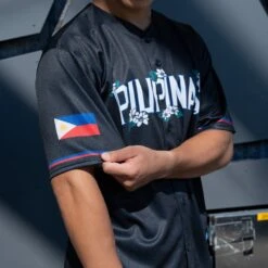 Philippines 'Sampaguita' Baseball Jersey -World of Sportswear Philippines Sampaguita Black Baseball Jersey Model Styling Sleeves Closeup