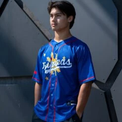 Philippines 'Three Stars & A Sun' Baseball Jersey -World of Sportswear Philippines Three Stars a Sun Blue Baseball Jersey Model Side