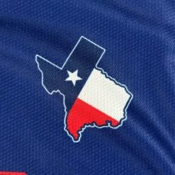 Texas Lone Star Heritage Custom Baseball Jersey 20 Texas Lone Star Heritage Custom Baseball Jersey -World of Sportswear Texas Lone Star Heritage Black Custom Baseball Jersey Blue Closeup